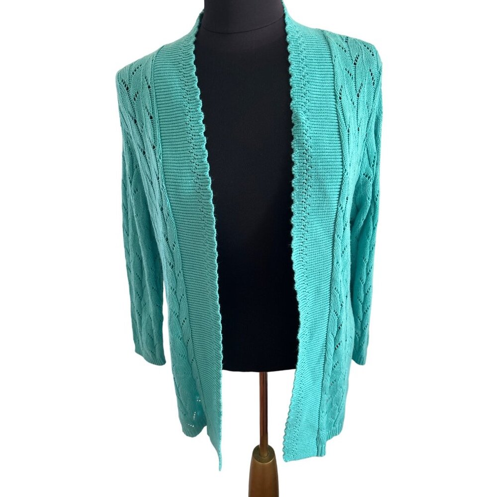 BonWorth Light Green Open Front Scalloped Edge Cardigan, Size Small no